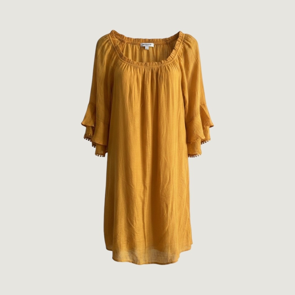 Naif Dress Womens Petite Medium Yellow Bell Sleeve Ruffle Shift Lined Boho